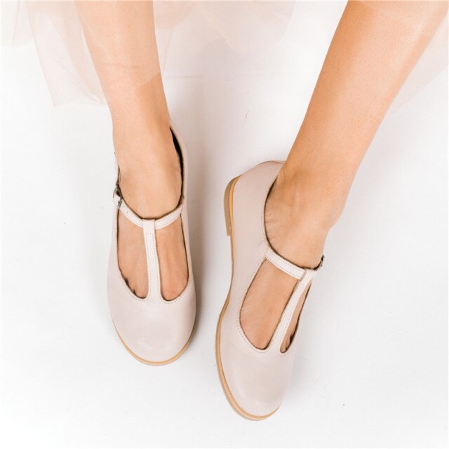 Women Flat Shoes Retro Handmade T-straps Vintage Casual Flats Loafer Shoes Woman Large Size