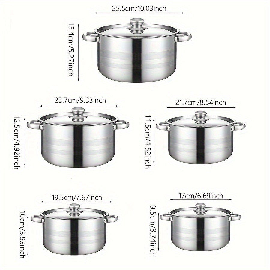 10pcs set of stainless steel pots, specifications are 6.69/7.68/8.54/9.33/10.04inch, stainless steel cooking pot, 5 pots + 5 pot lids, suitable for induction cookers and gas stoves, stainless steel double handle with lid, deep soup pot, suitable for soup,