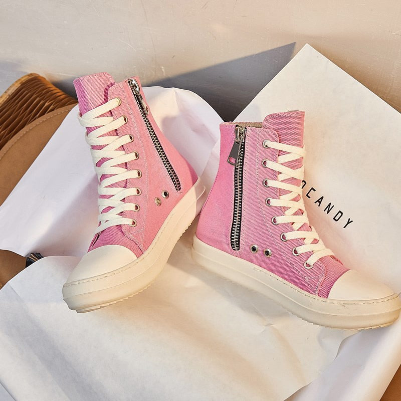 Women High Top Canvas Sneakers Flat Lace-up Pink Vulcanize Shoes For Ladies Fashion Casual Breathable Footwear New Hotsale
