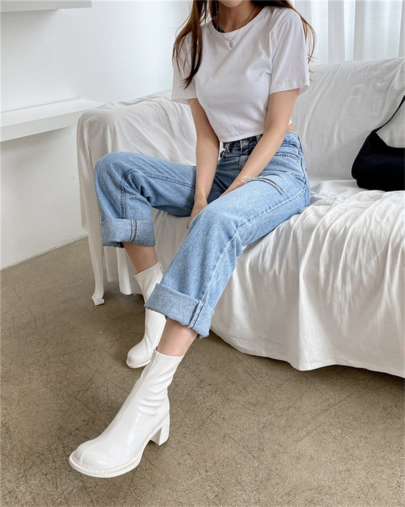 xiangtuibao Sexy Black Women Ankle Boots Chunky High Heel Elastic Sock Boot Ladies Shoes Round Toe Slim Fit Short Booties Autumn Botas Mujer
