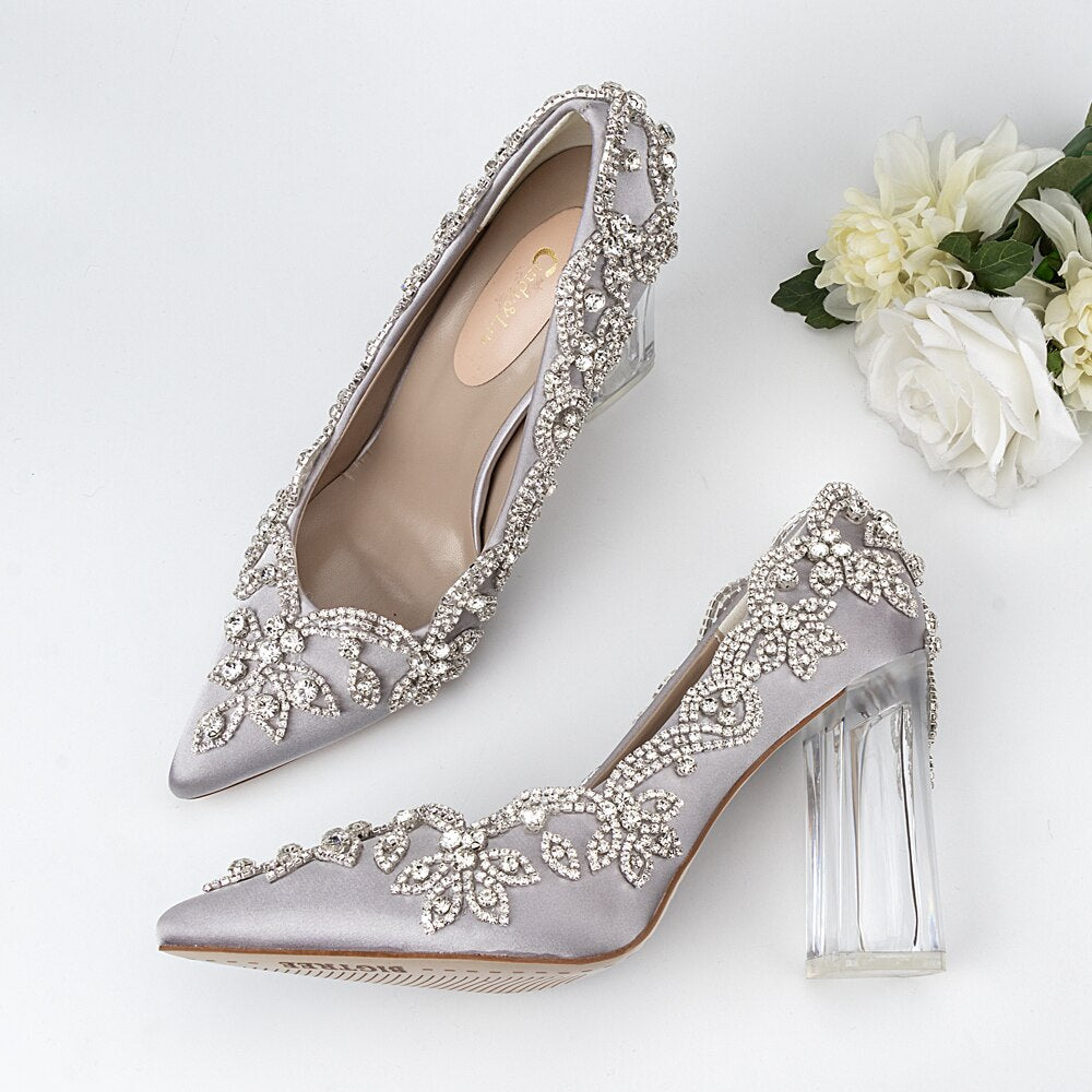 xiangtuibao Wedding Shoes Luxury Design Higher Quality Satin Full Stone Rhinestone Pointed Toe Bride Pumps Fat Square Clear Higher Heels