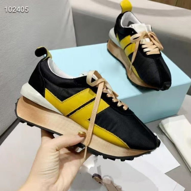 Spring Thick Sole Casual Daddy Shoes Women Flat Mixed Color Lace Up Patchwork Sneakers Outdoor Walk Tennis Shoes Unisex