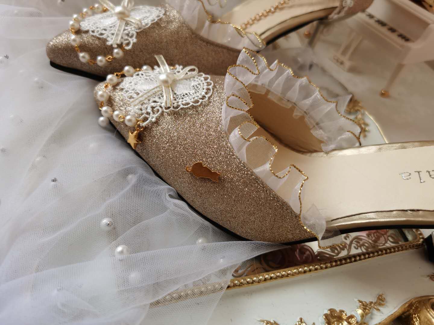 xiangtuibao Japanese Lolita Tea Party High Heels Champagne Elegant Sweet high heel vintage lace bowknot kawaii shoes cosplay loli