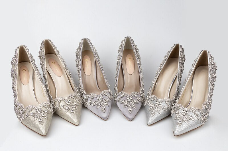xiangtuibao Wedding Shoes Luxury Design Higher Quality Satin Full Stone Rhinestone Pointed Toe Bride Pumps Fat Square Clear Higher Heels