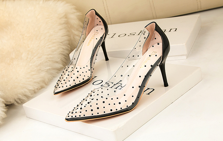 xiangtuibao Transparent high heel women's stiletto pointed wedding shoes rhinestone glass glue, star shoes