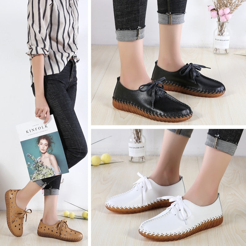 xiangtuibao Soft Sole Hollow Single Shoes Women Vintage Genuine Leather Flat Casual Shoes Woman Outdoor Lace Up Non Slip Loafers creepers