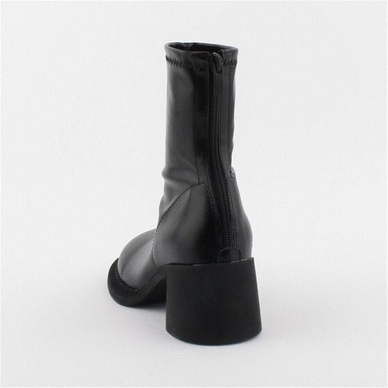 xiangtuibao Sexy Black Women Ankle Boots Chunky High Heel Elastic Sock Boot Ladies Shoes Round Toe Slim Fit Short Booties Autumn Botas Mujer