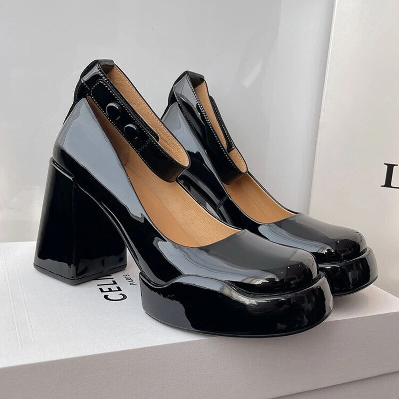 xiangtuibao Patent Leather High Heels Pumps Women Autumn Thick Heel Chunky Platform Mary Jane Shoes Woman Black Ankle Straps Pump Shoes