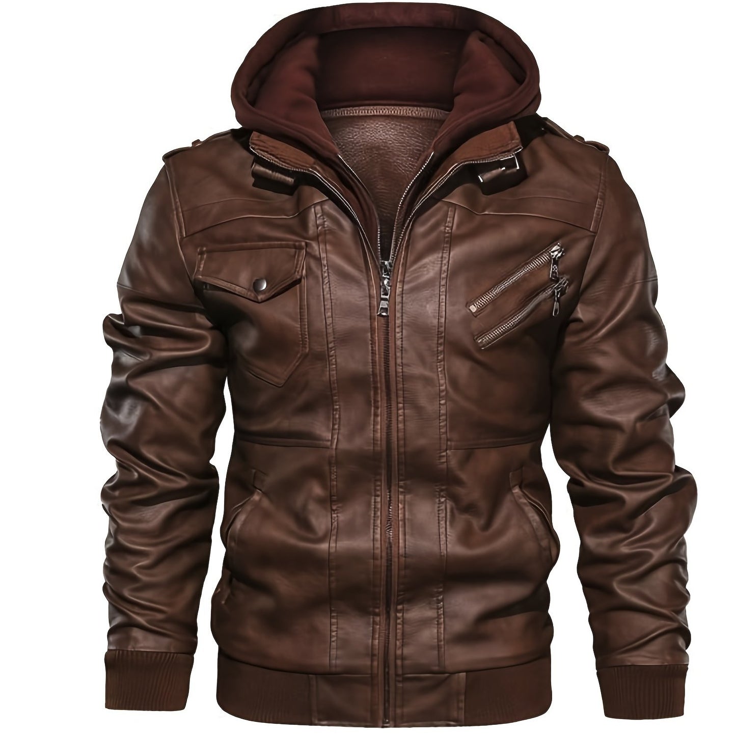 Trendy Mens PU Leather Biker Jacket - Chic Hooded Design with Zip Up Closure - Durable & Stylish Casual Wear