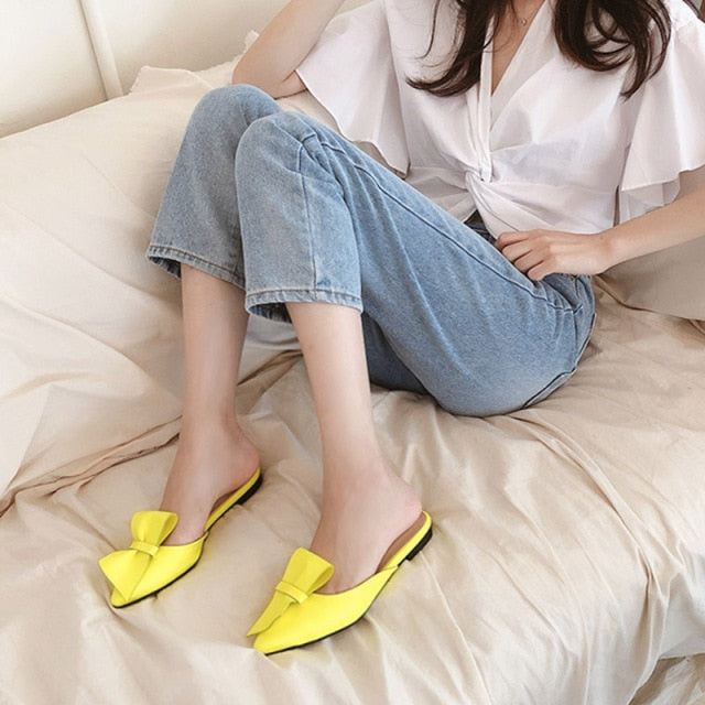 Pointed flat bow slippers women summer wear Baotou half slippers new fashion lazy sandals women's shoes