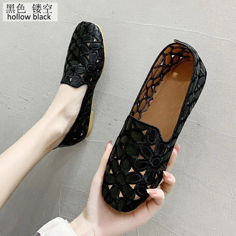 xiangtuibao Square Toe Loafers Women Soft Leather Flats Ladies Hollow Out Flat Shoes Woman Flats Embroidery Loafers