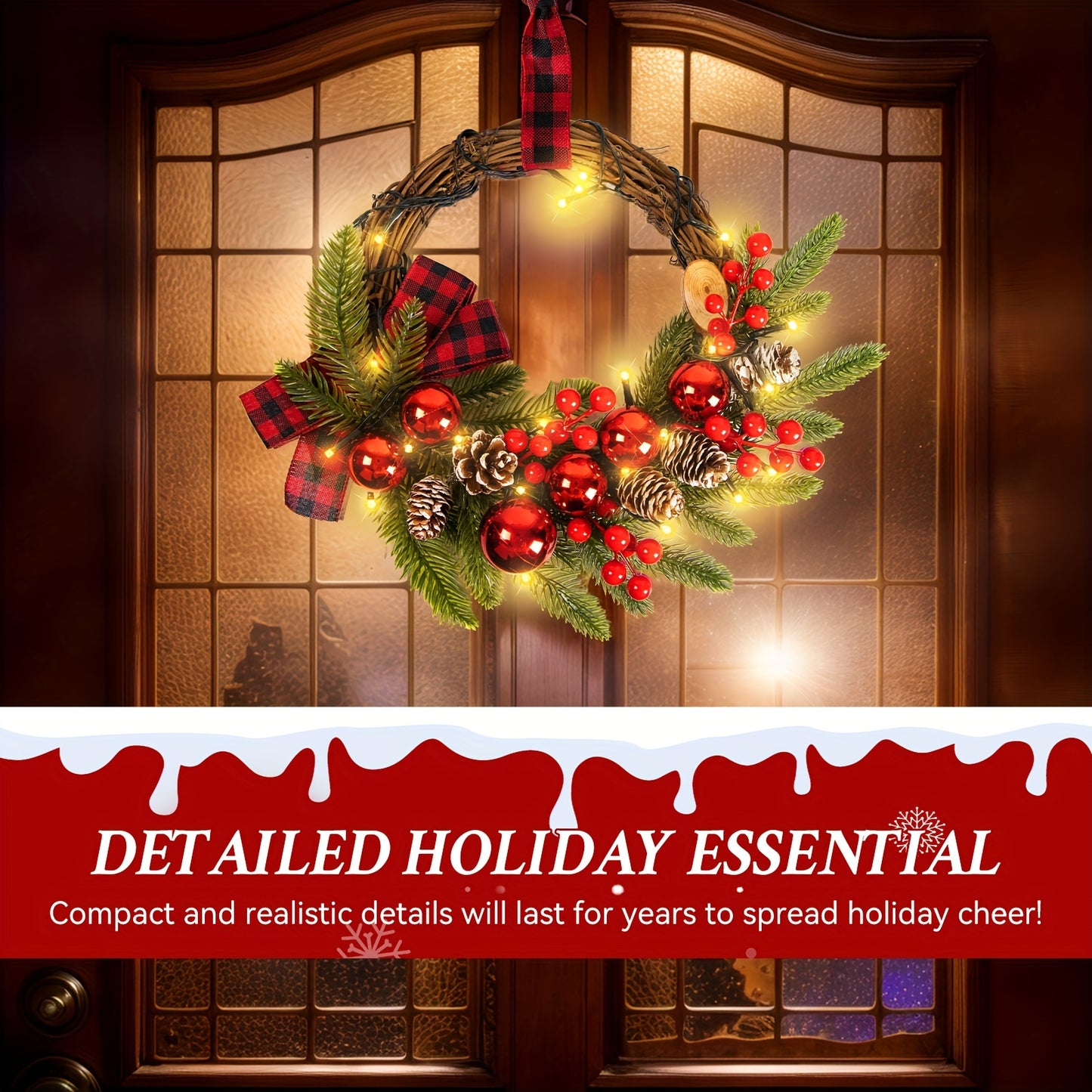 Christmas Wreaths For Door Wreath 12inch 30 LED Christmas Swag Christmas Decoration Christmas Wreath With Christmas Red Berries, Pine Cones, Cedar Leaves For Home Indoor Outdoor Decoration Gift Great Atmosphere New