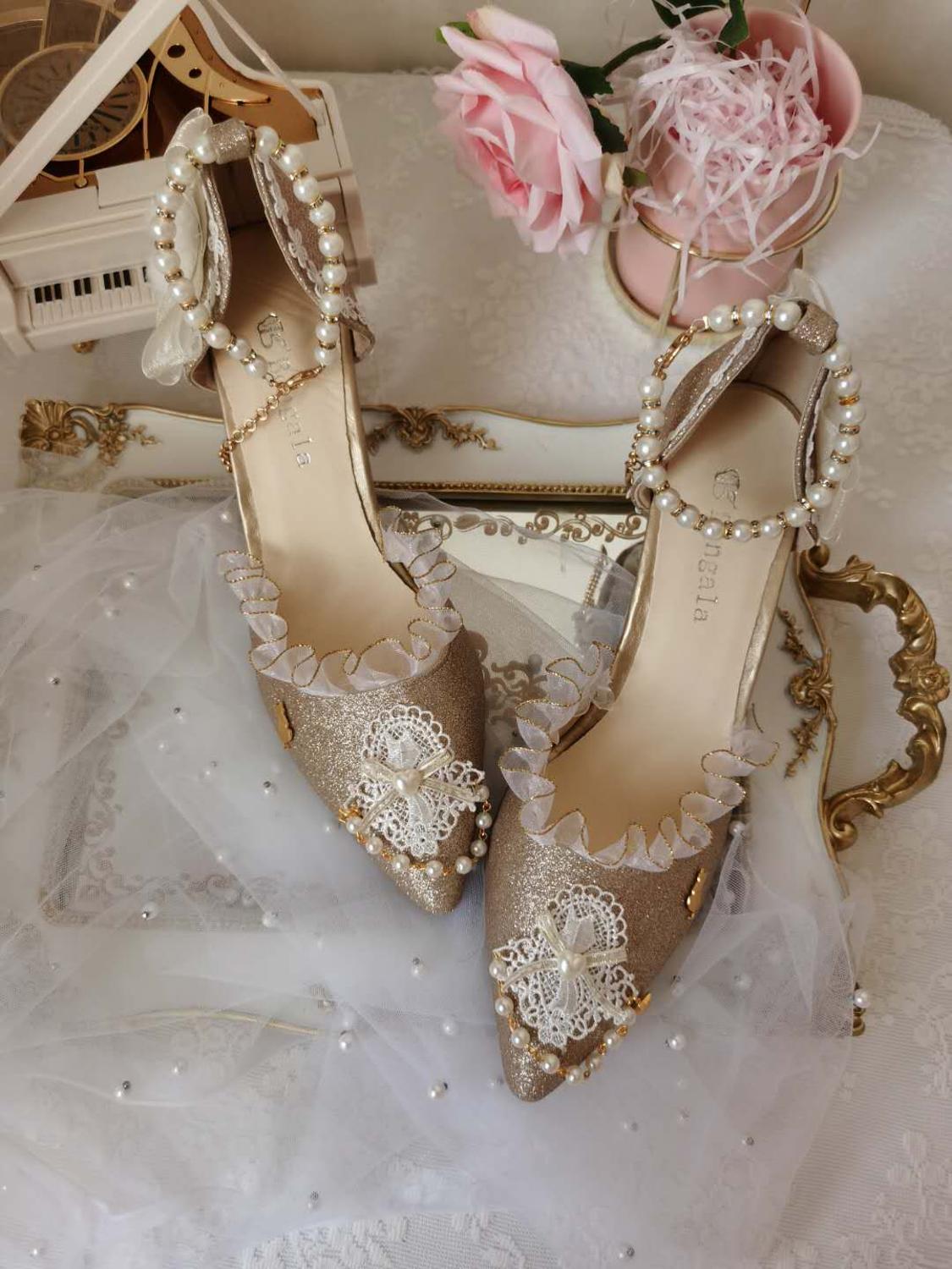 xiangtuibao Japanese Lolita Tea Party High Heels Champagne Elegant Sweet high heel vintage lace bowknot kawaii shoes cosplay loli