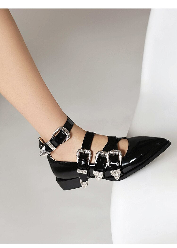 xiangtuibao Plus Size Pointy Shiny Patent Leather Wine Red Low-Heeled Women's Pumps Four-Row Metal Belt Buckle Mary Jane Shoes
