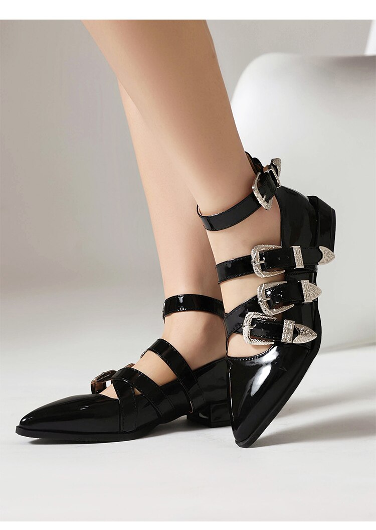 xiangtuibao Plus Size Pointy Shiny Patent Leather Wine Red Low-Heeled Women's Pumps Four-Row Metal Belt Buckle Mary Jane Shoes
