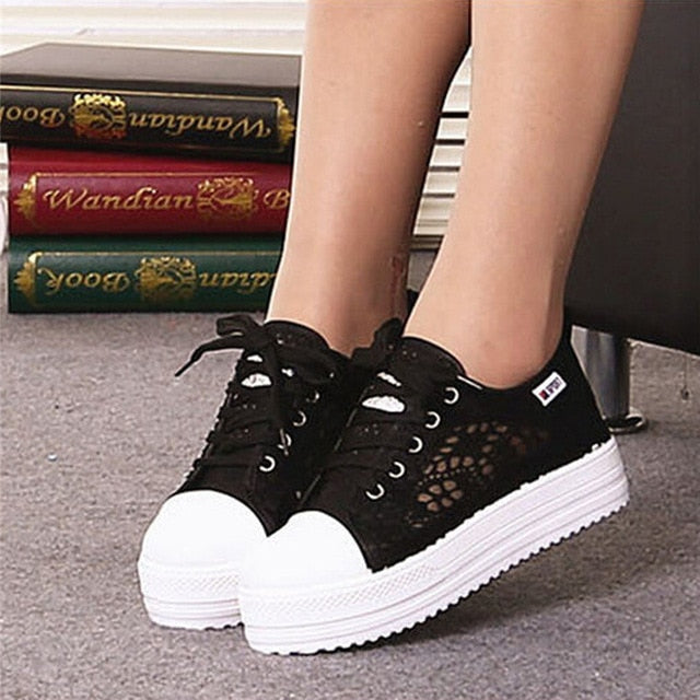 Women shoes fashion summer casual white shoes cutouts lace canvas hollow breathable platform flat shoes woman sneakers