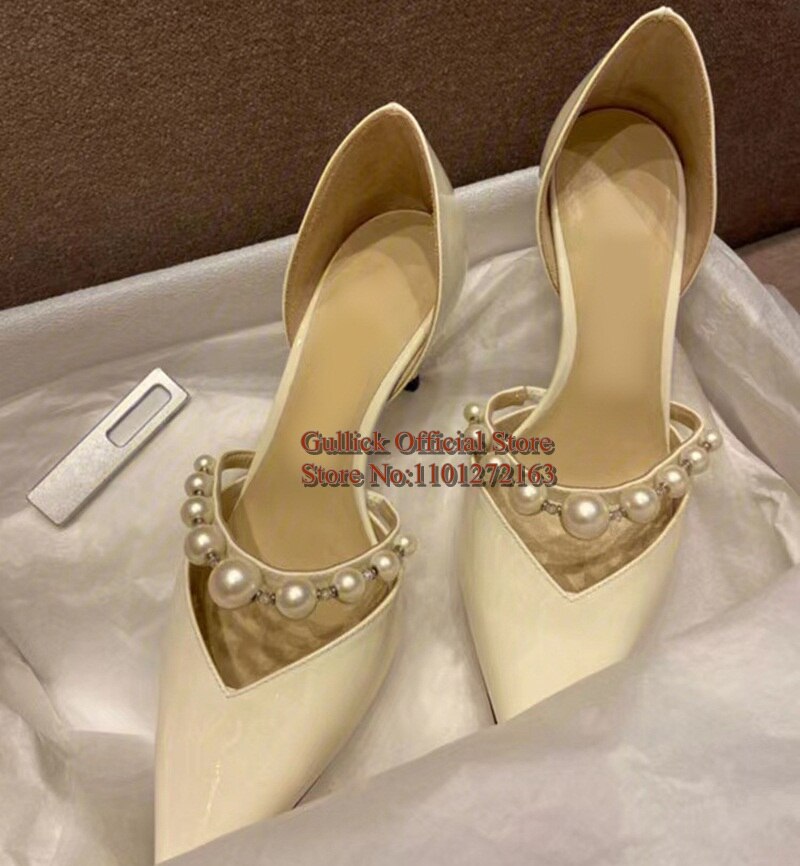 xiangtuibao White Pearl Chain Strap High Heel Shoes Pink Satin V Cut Pointed Toe Shallow Wedding Bride Shoes Slip On Shallow Women Pumps