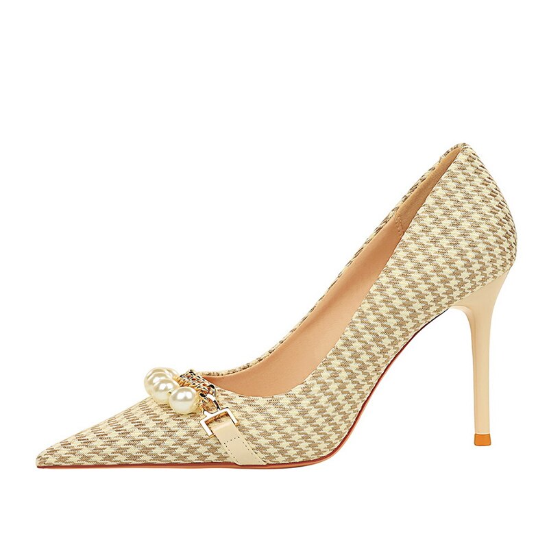 xiangtuibao Women 7.5cm 9.5cm High Heels Plaid Pumps Pointed Toe Wedding Bridal Middle Low Heels Lady Pearl Scarpins Event Stripper Shoes