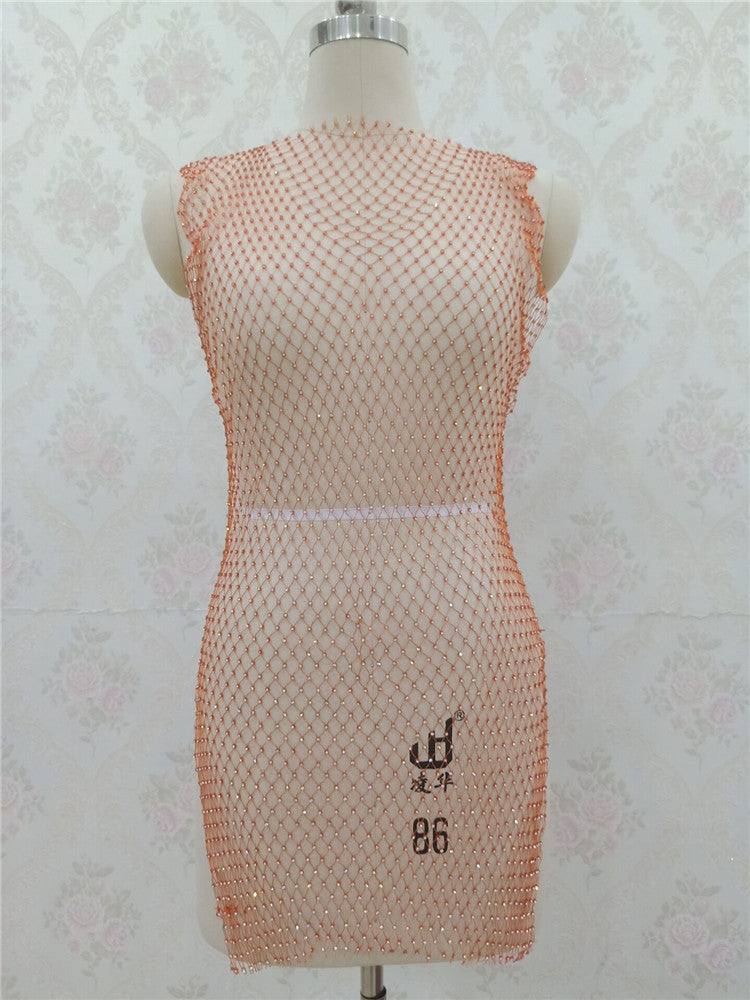 2025 ins grid flash diamond dress, diamond-encrusted slim-fit fishing net skirt, diamond-ridden side split mesh skirt female BY0139