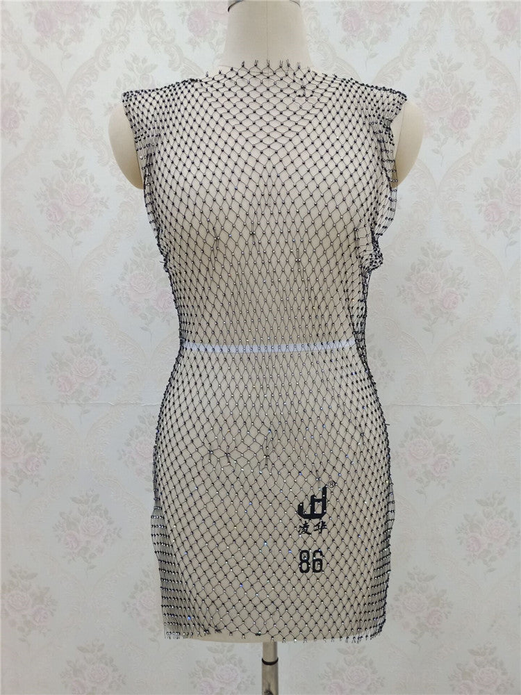 2025 ins grid flash diamond dress, diamond-encrusted slim-fit fishing net skirt, diamond-ridden side split mesh skirt female BY0139