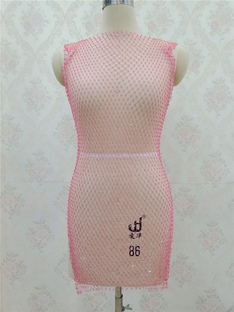 2025 ins grid flash diamond dress, diamond-encrusted slim-fit fishing net skirt, diamond-ridden side split mesh skirt female BY0139