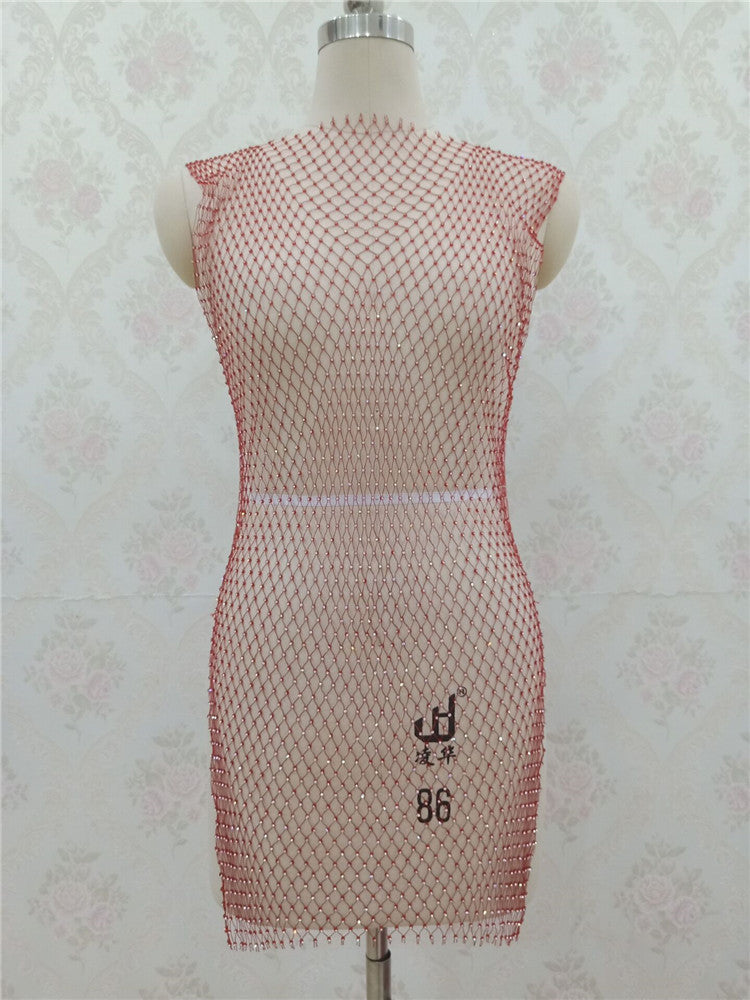 2025 ins grid flash diamond dress, diamond-encrusted slim-fit fishing net skirt, diamond-ridden side split mesh skirt female BY0139