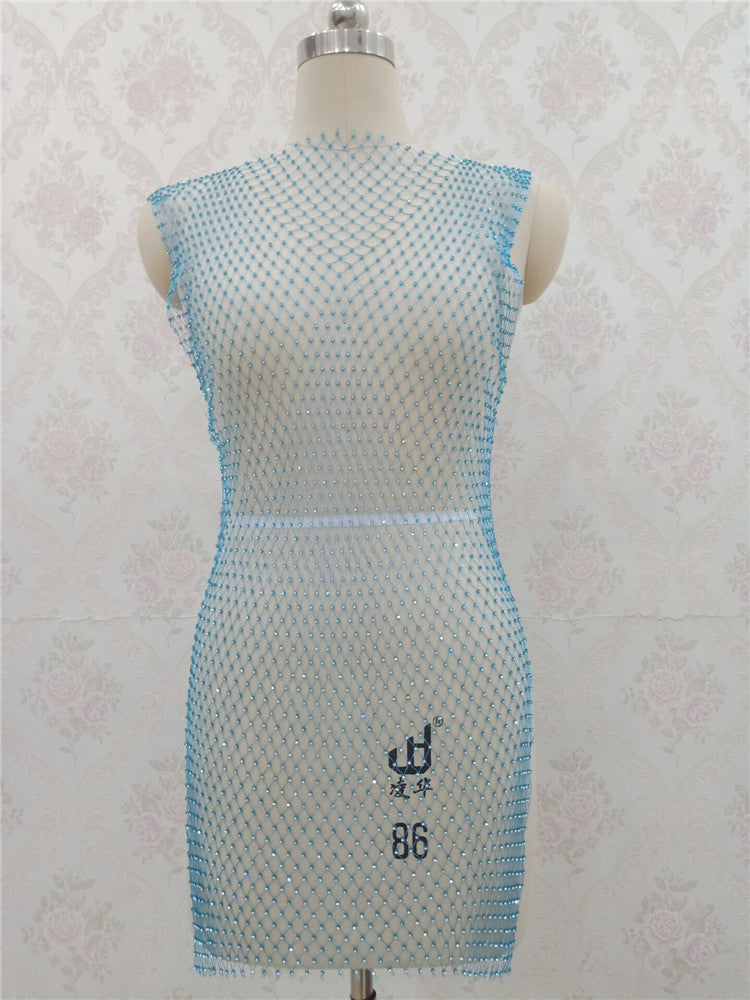 2025 ins grid flash diamond dress, diamond-encrusted slim-fit fishing net skirt, diamond-ridden side split mesh skirt female BY0139