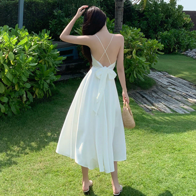 2025 Beach skirt women's seaside vacation long skirt summer halter skirt slim dress super fairy pendulum suspender dress skirt