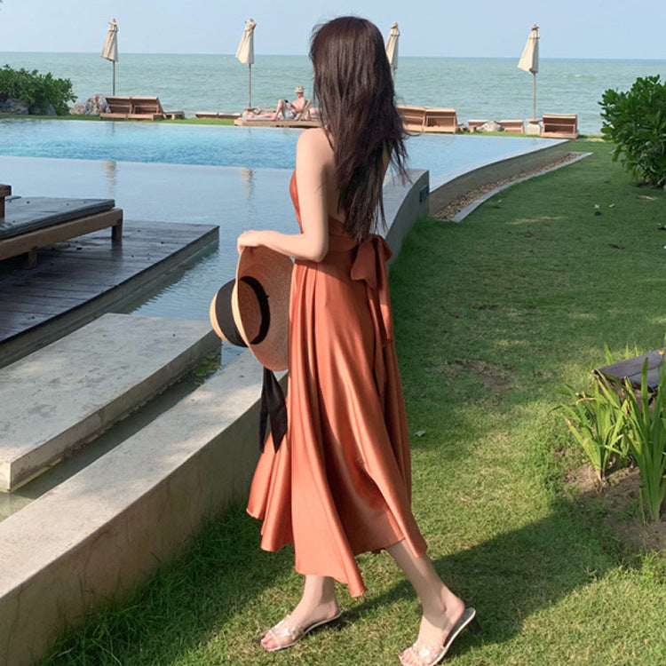 2025 Beach skirt women's seaside vacation long skirt summer halter skirt slim dress super fairy pendulum suspender dress skirt