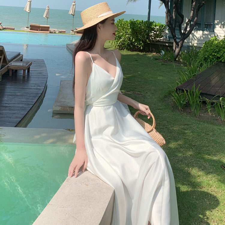 2025 Beach skirt women's seaside vacation long skirt summer halter skirt slim dress super fairy pendulum suspender dress skirt