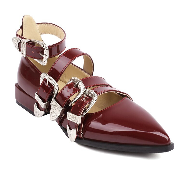 xiangtuibao Plus Size Pointy Shiny Patent Leather Wine Red Low-Heeled Women's Pumps Four-Row Metal Belt Buckle Mary Jane Shoes