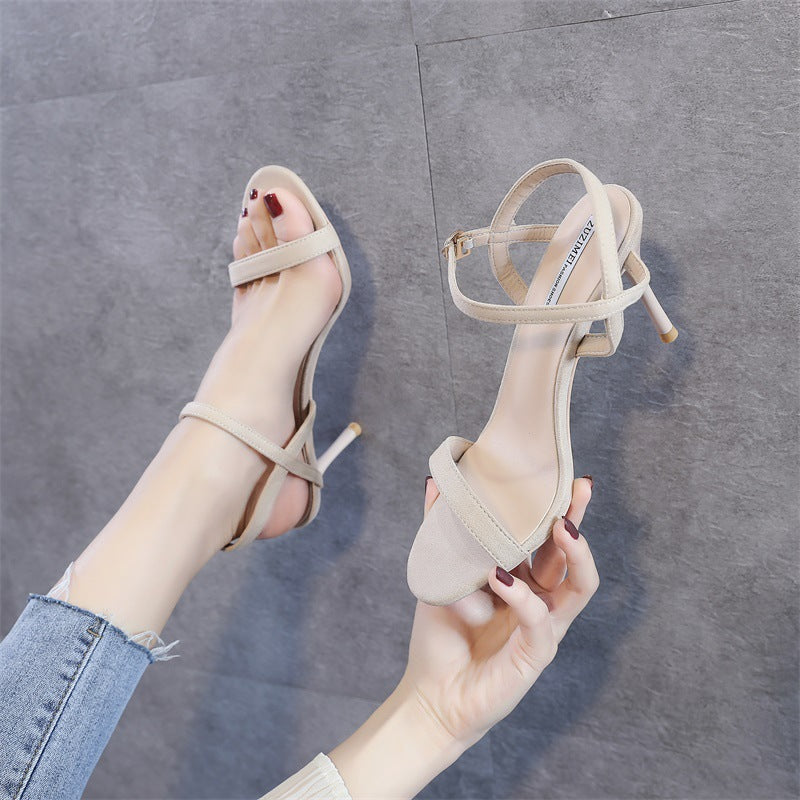 xiangtuibao 6 -- 8cm Women's Shoes High Heel Sandals Open Toe Breathable Comfortable Suede Matte round Toe Stiletto Heel Ankle-Strap Buckle Strap 2025