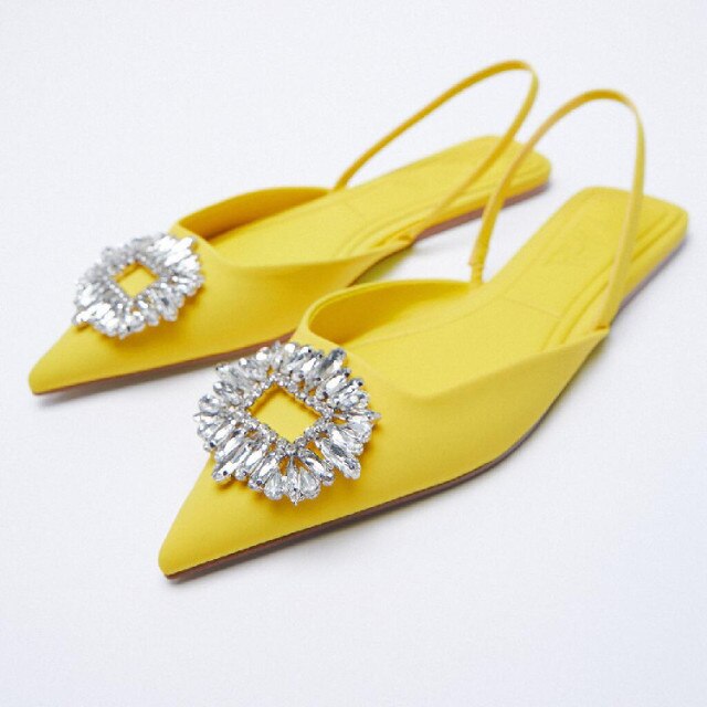 ZA Women's Shoes Summer New Yellow Rhinestone Buckle Slingbacks Shoes Pointed Toe Flat Elegant Wedding Shoes