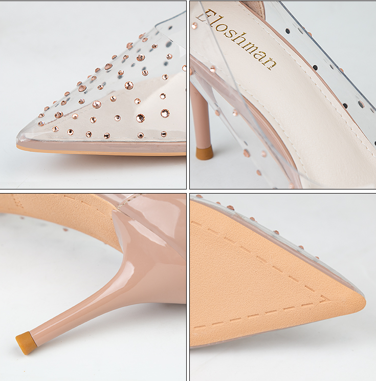 xiangtuibao Transparent high heel women's stiletto pointed wedding shoes rhinestone glass glue, star shoes