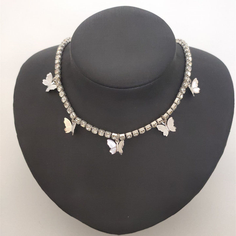2025 ins Popular trade rhinestone chain copper butterfly necklace female pendant neck chain Popular trade chocker fb1030