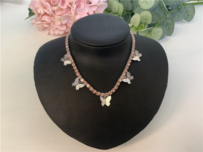 2025 ins Popular trade rhinestone chain copper butterfly necklace female pendant neck chain Popular trade chocker fb1030