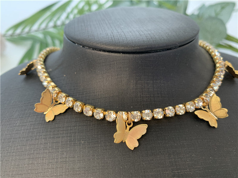 2025 ins Popular trade rhinestone chain copper butterfly necklace female pendant neck chain Popular trade chocker fb1030