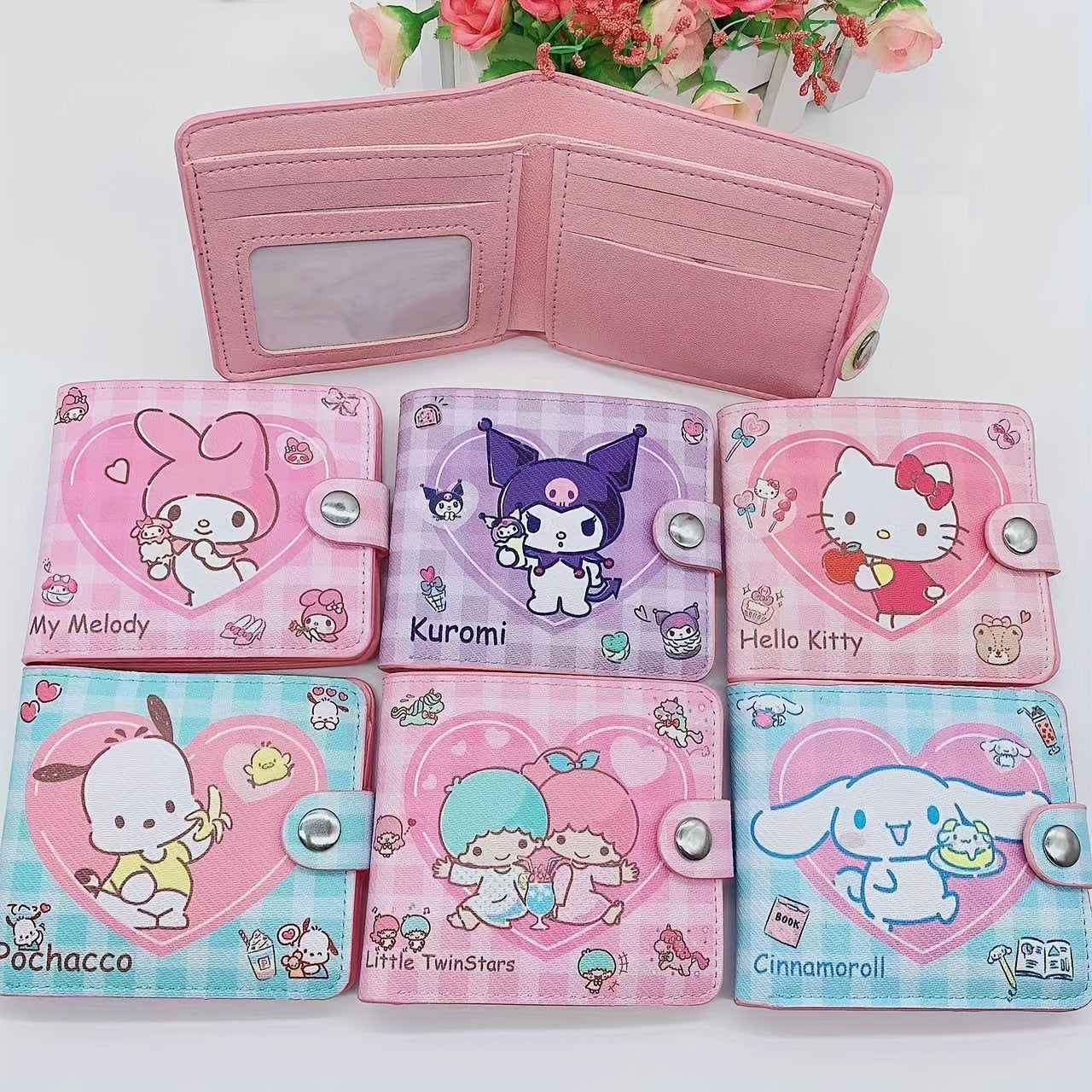 1pc Sanrio Kawaii Bi-Fold PU Leather Cartoon Wallet with Buckle Closure, Polyester Lining, Slip Pocket, and Foldable Design