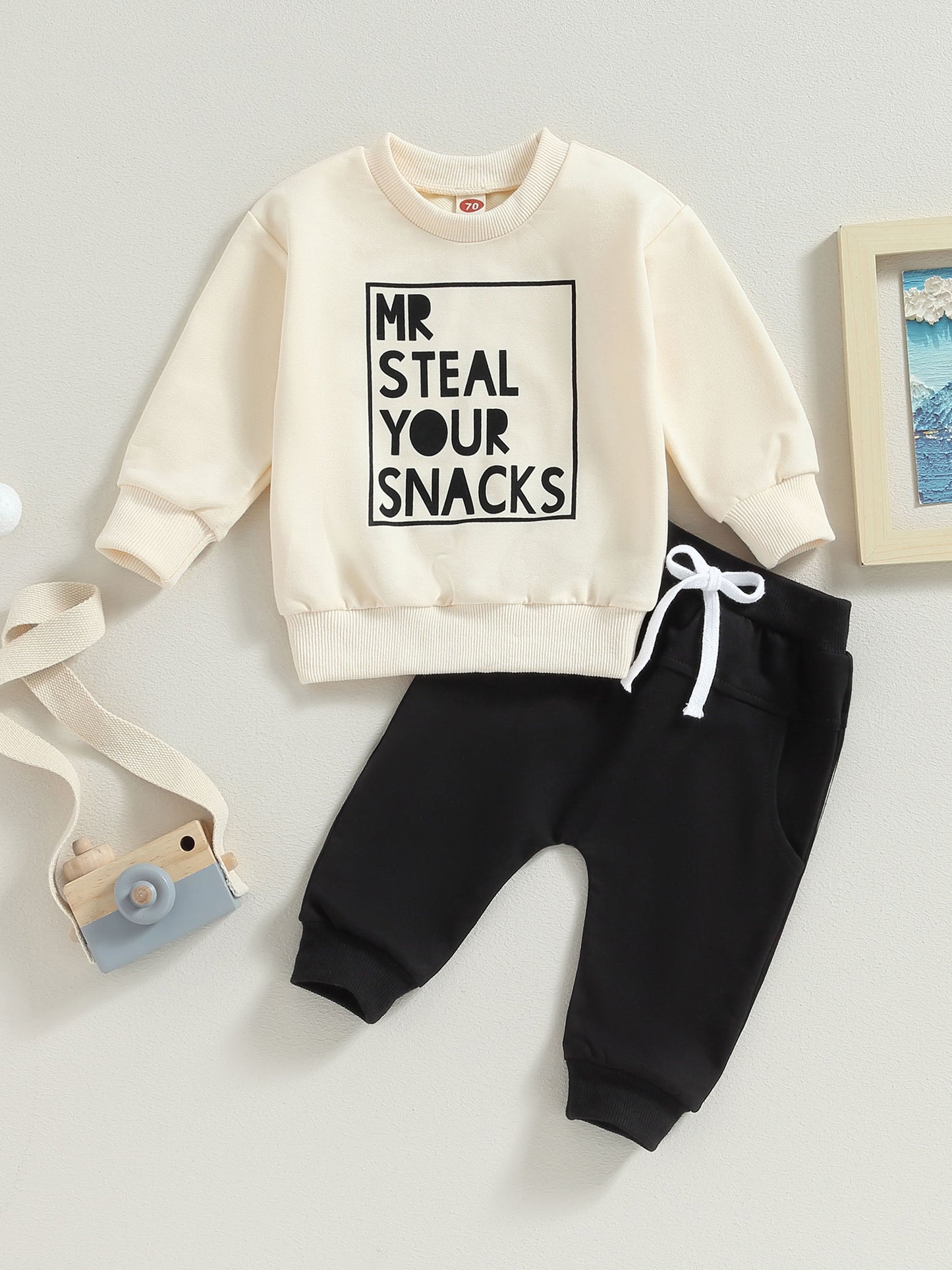 2pcs Adorable "MR STEAL YOUR SNACKS" Baby Boy's Active Set - Soft Sports Cotton Crew Neck Sweatshirts Top and Elastic Waist Fall Pants Outfit - Comfortable, Breathable, and Stylish for Everyday Wear