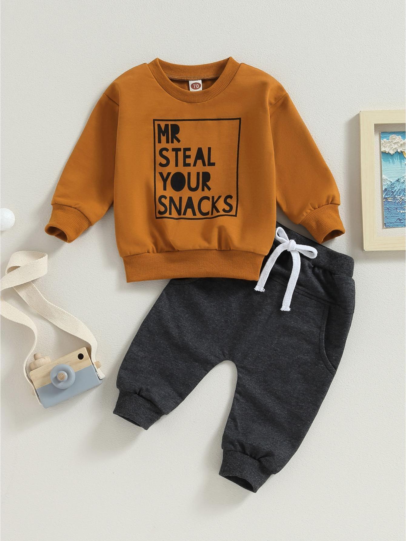 2pcs Adorable "MR STEAL YOUR SNACKS" Baby Boy's Active Set - Soft Sports Cotton Crew Neck Sweatshirts Top and Elastic Waist Fall Pants Outfit - Comfortable, Breathable, and Stylish for Everyday Wear