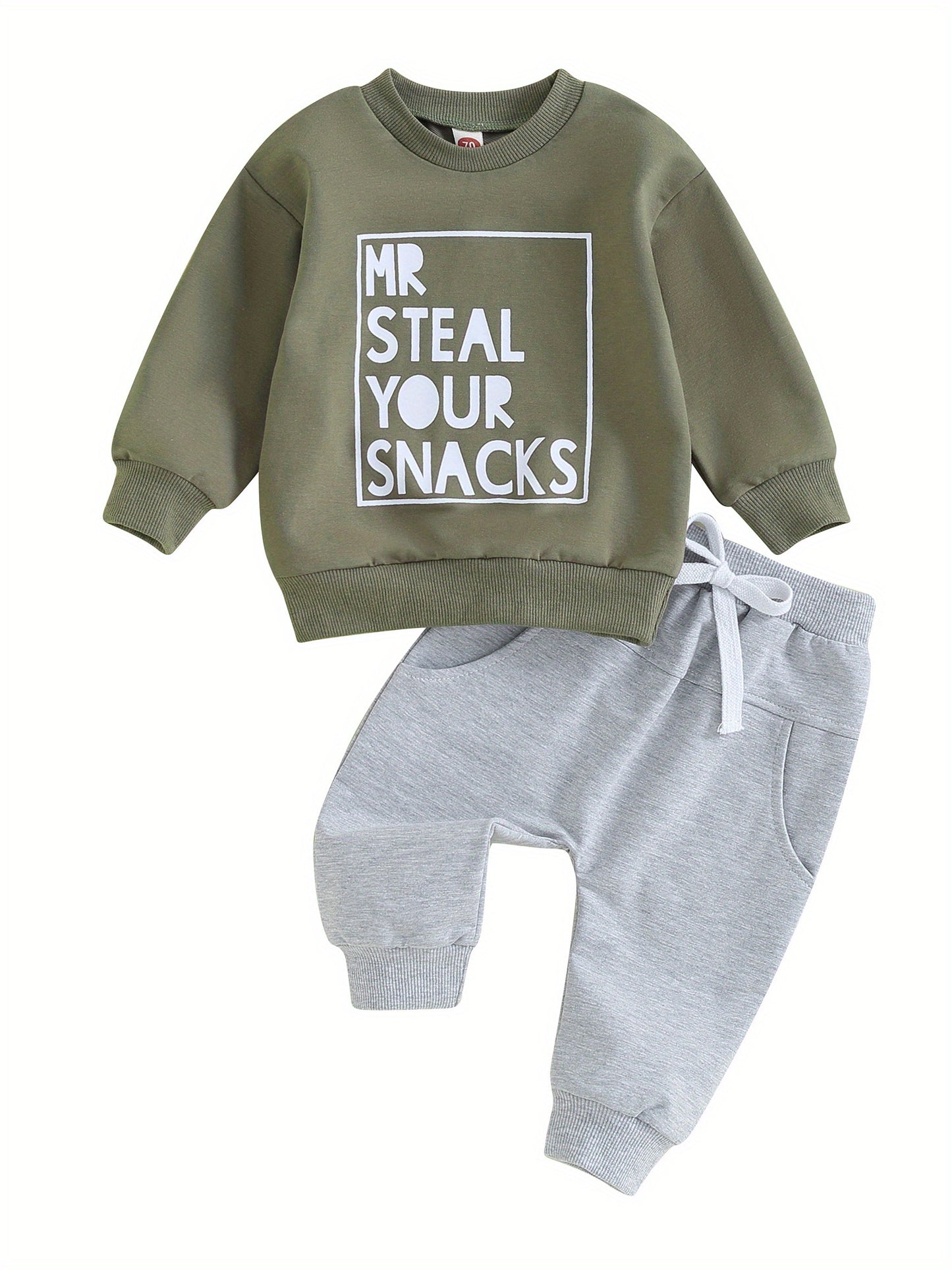 2pcs Adorable "MR STEAL YOUR SNACKS" Baby Boy's Active Set - Soft Sports Cotton Crew Neck Sweatshirts Top and Elastic Waist Fall Pants Outfit - Comfortable, Breathable, and Stylish for Everyday Wear