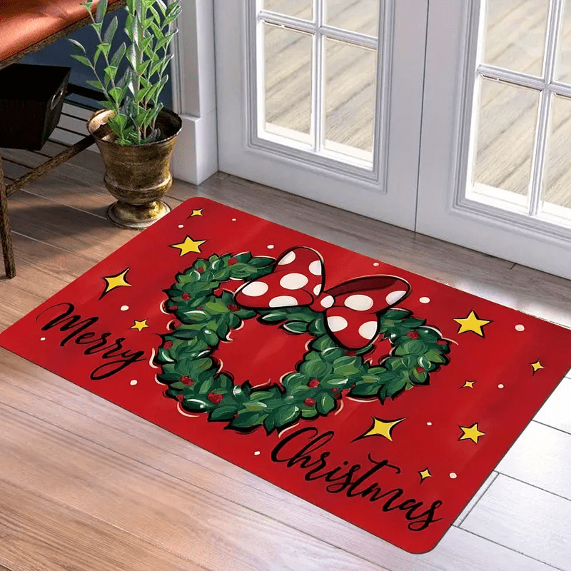 1PC Non-Slip Polyester Christmas Holiday Entrance Doormat – Rectangular, Stain-Resistant, Lightweight Door Mat with Christmas Wreath Pattern for Home, Indoor Outdoor, Ideal for Father's Day, Graduation