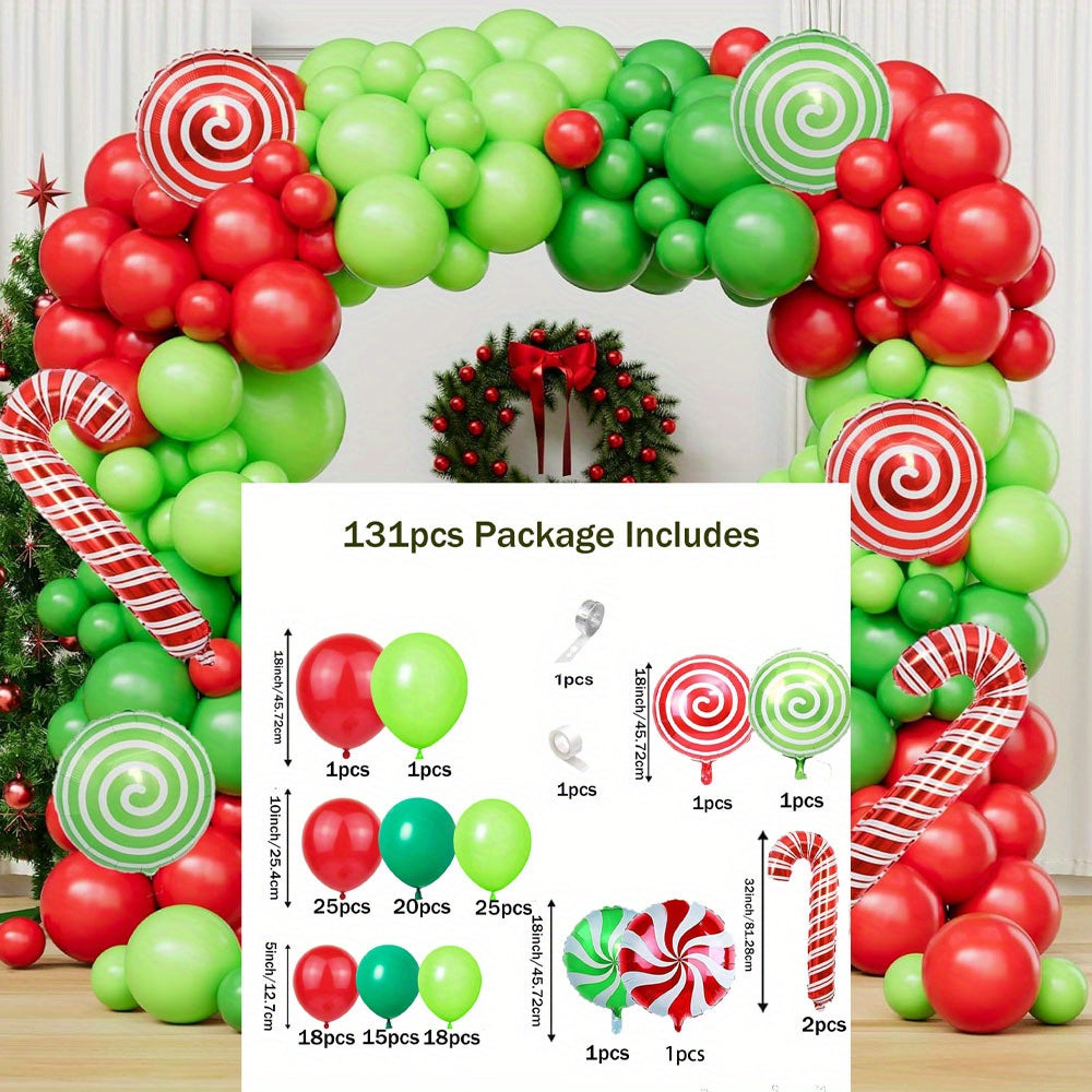 131pcs Green Latex Christmas Balloon Arched Kit, Mixed Fruit Red Windmill Candy Cane Design, Aluminum Foil, No Power Needed for Party Decoration