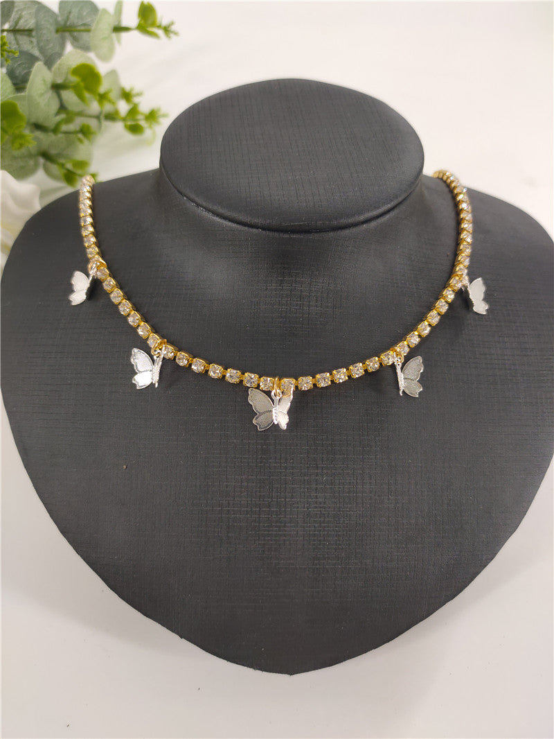 2025 ins Popular trade rhinestone chain copper butterfly necklace female pendant neck chain Popular trade chocker fb1030