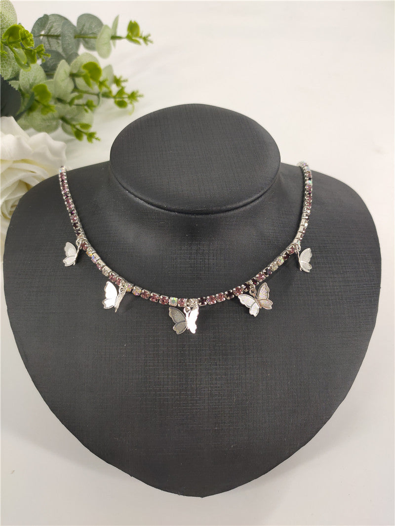 2025 ins Popular trade rhinestone chain copper butterfly necklace female pendant neck chain Popular trade chocker fb1030