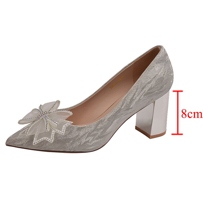 Rimocy Silk Bowknot Square Heels Pumps Women New Crystal Slip-on High Heels Shoes Ladies Sexy Point Toe Shining Party Shoes