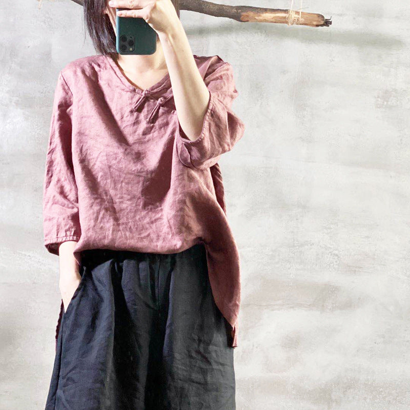 2025 202007/Qiao Ann, linen, autumn washed buckle retro simple loose large size women's shirt