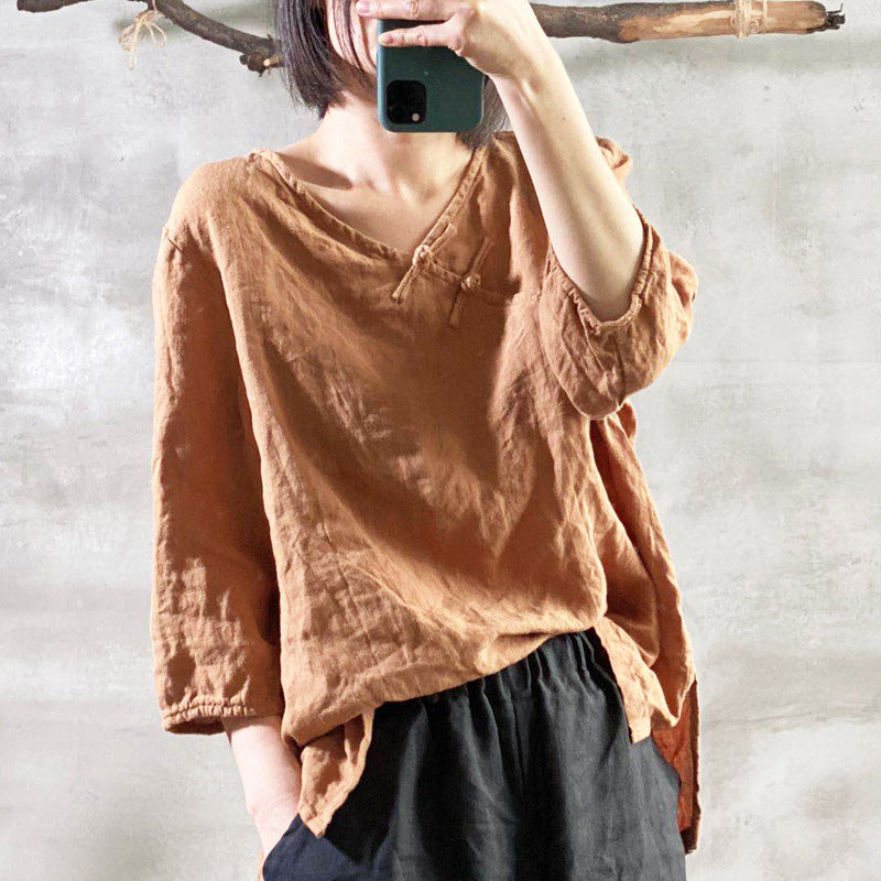 2025 202007/Qiao Ann, linen, autumn washed buckle retro simple loose large size women's shirt