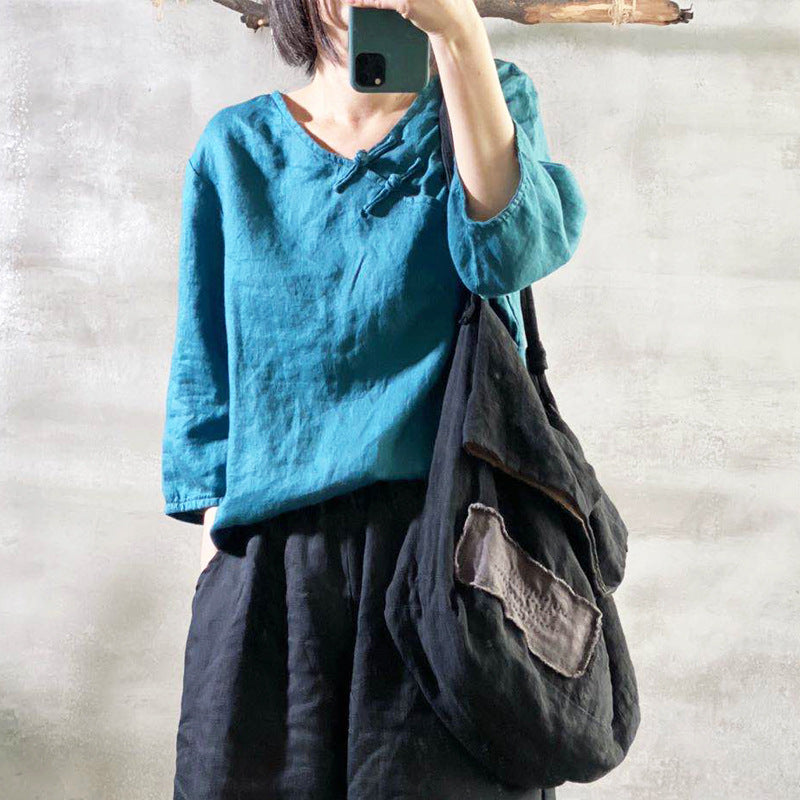 2025 202007/Qiao Ann, linen, autumn washed buckle retro simple loose large size women's shirt