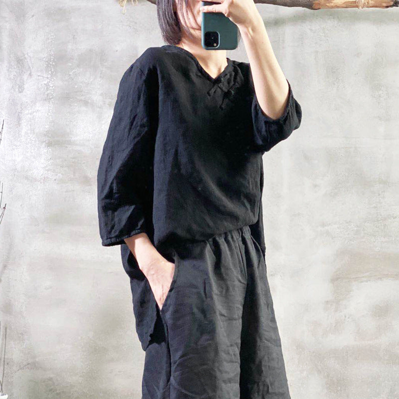2025 202007/Qiao Ann, linen, autumn washed buckle retro simple loose large size women's shirt